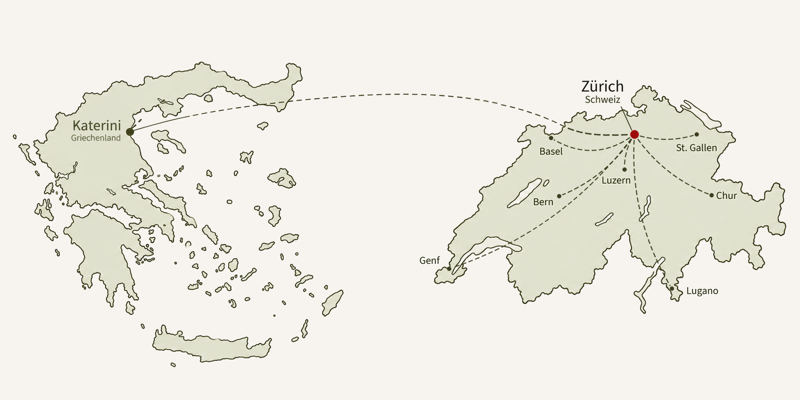 Karte: der Weg unserer Trüffel von Katerini in Griechenland mit dem Flugzeug nach Zürich und von dort in die ganze Schweiz